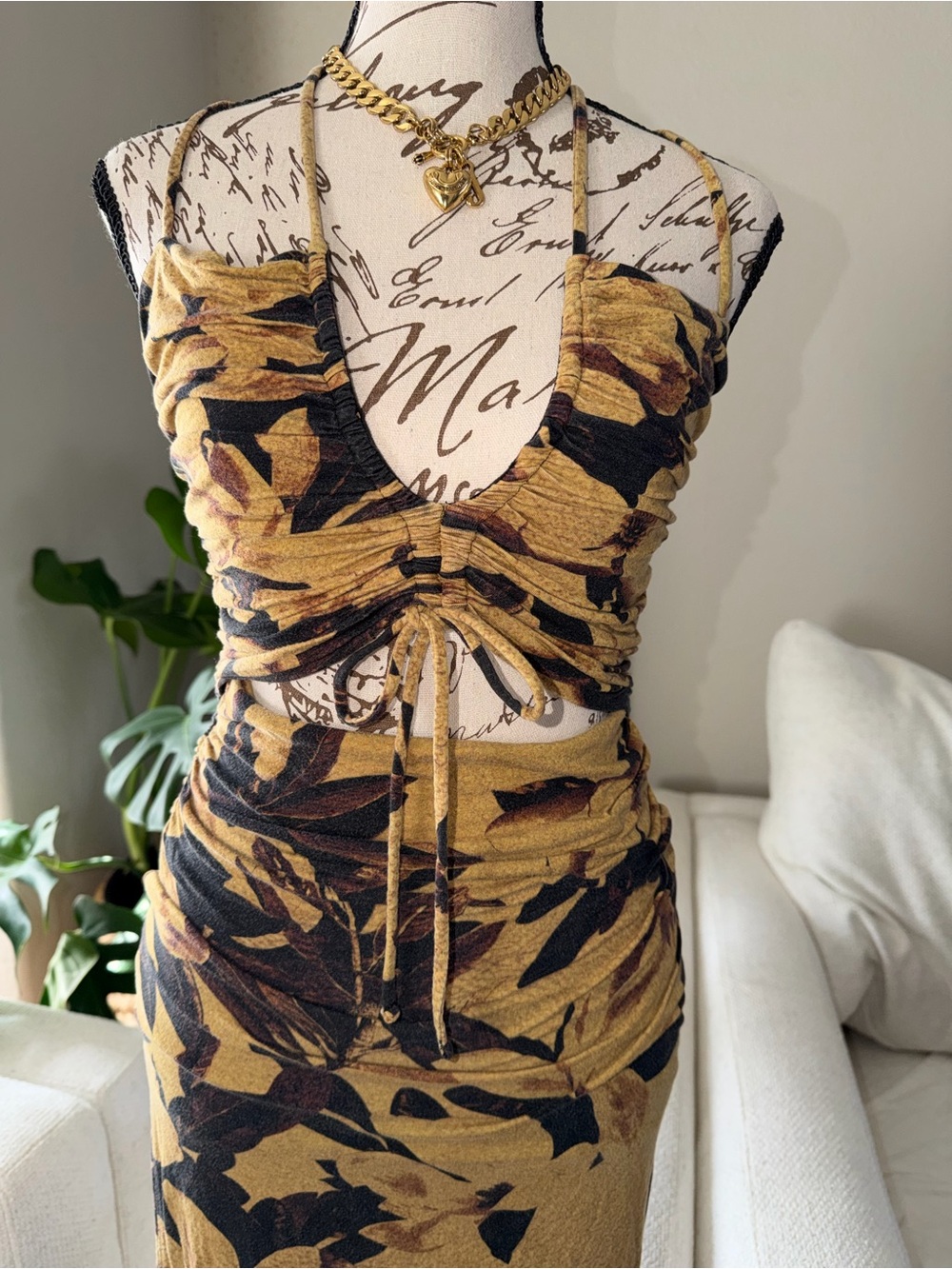 AllSaints Mustard and Black Floral Maxi Dress with Tie Front - Picture 3 of 14